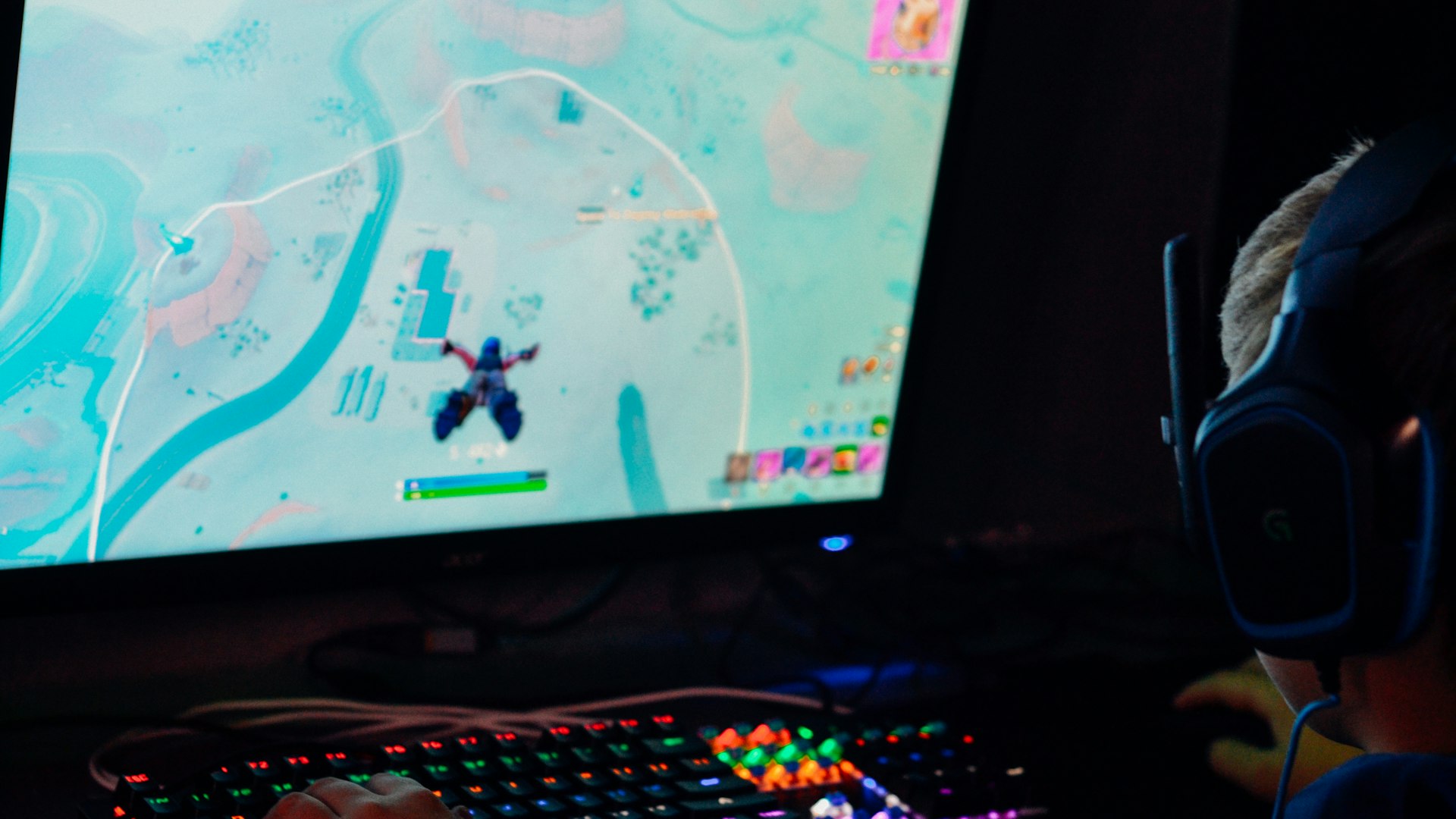 Frost-lit competitive gaming arena bathed in cinematic light